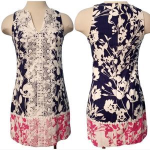 Eliza J Lace Trim Two Tone Print SHIFT Dress IN Navy/ Pink Size 2 Petite